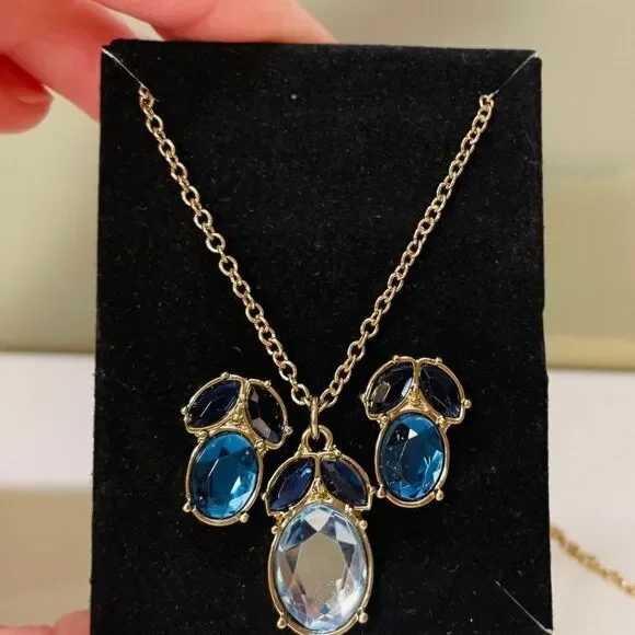 AVON MIDNIGHT INK PENDANT NECKLACE AND EARRING SET BLUE GOLDTONE NWT - Picture 3 of 9